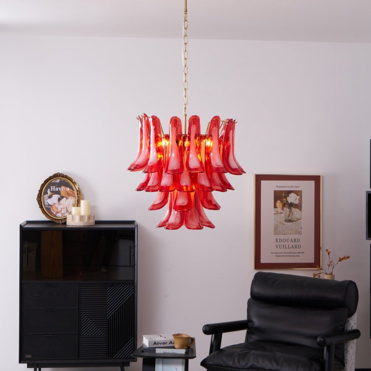 Coreva Lustre Rouge Pétale Verre Superposé Artistique