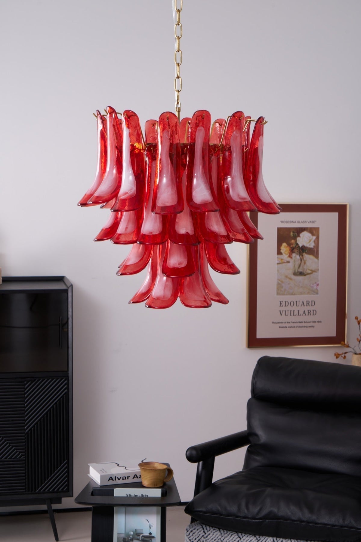 Coreva Lustre Rouge Pétale Verre Superposé Artistique