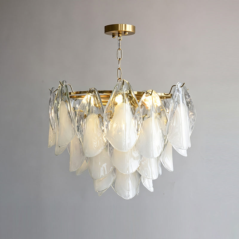 Side view of the cascading glass panels of the chandelier