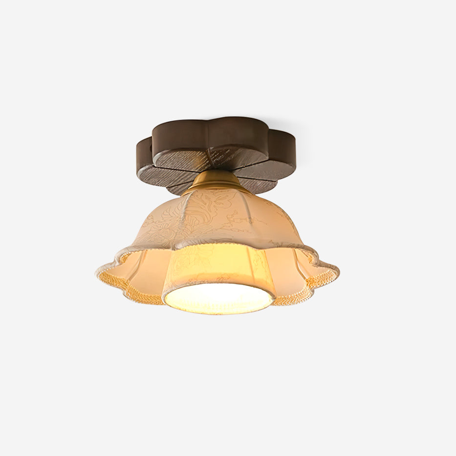 Ceiling Light Scalloped Fabric Shade Walnut Wood Canopy Vintage-Neutral Decor