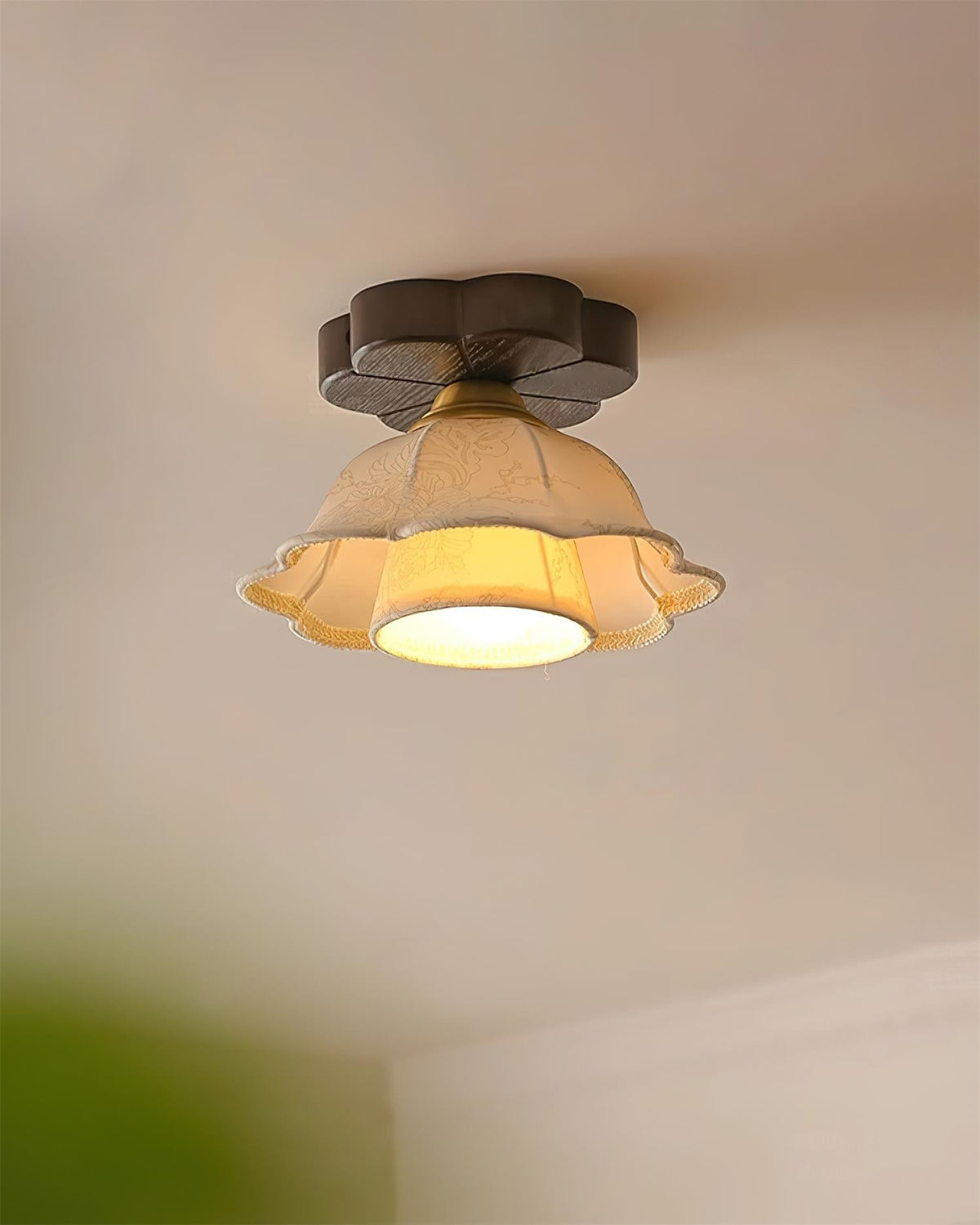 Ceiling Light Scalloped Fabric Shade Walnut Wood Canopy Vintage-Neutral Decor