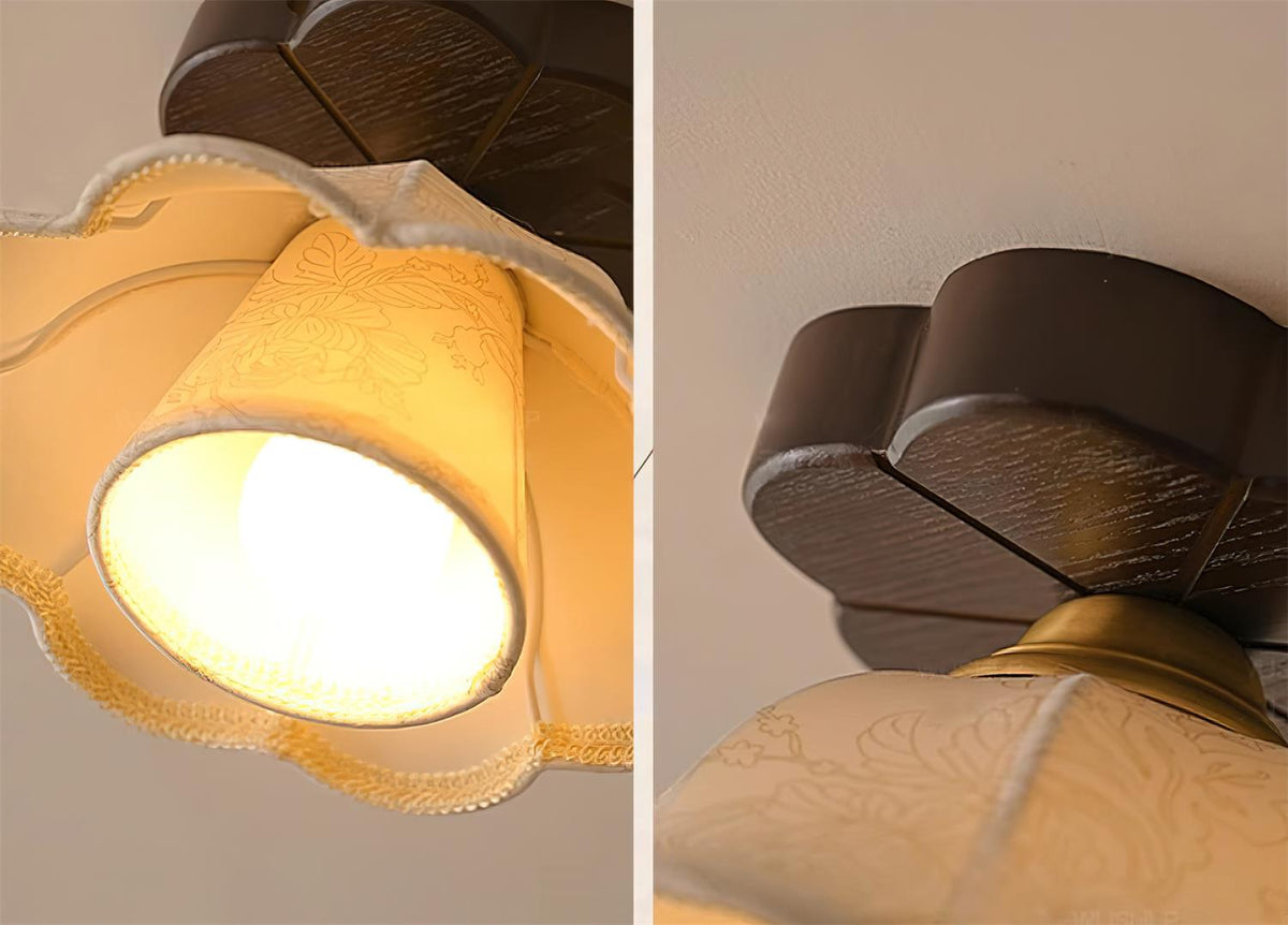 Ceiling Light Scalloped Fabric Shade Walnut Wood Canopy Vintage-Neutral Decor
