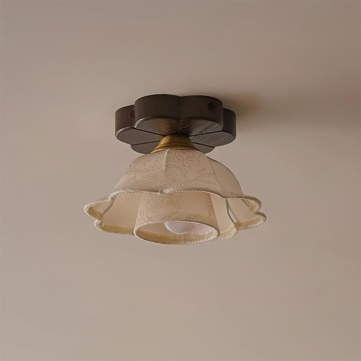 Ceiling Light Scalloped Fabric Shade Walnut Wood Canopy Vintage-Neutral Decor
