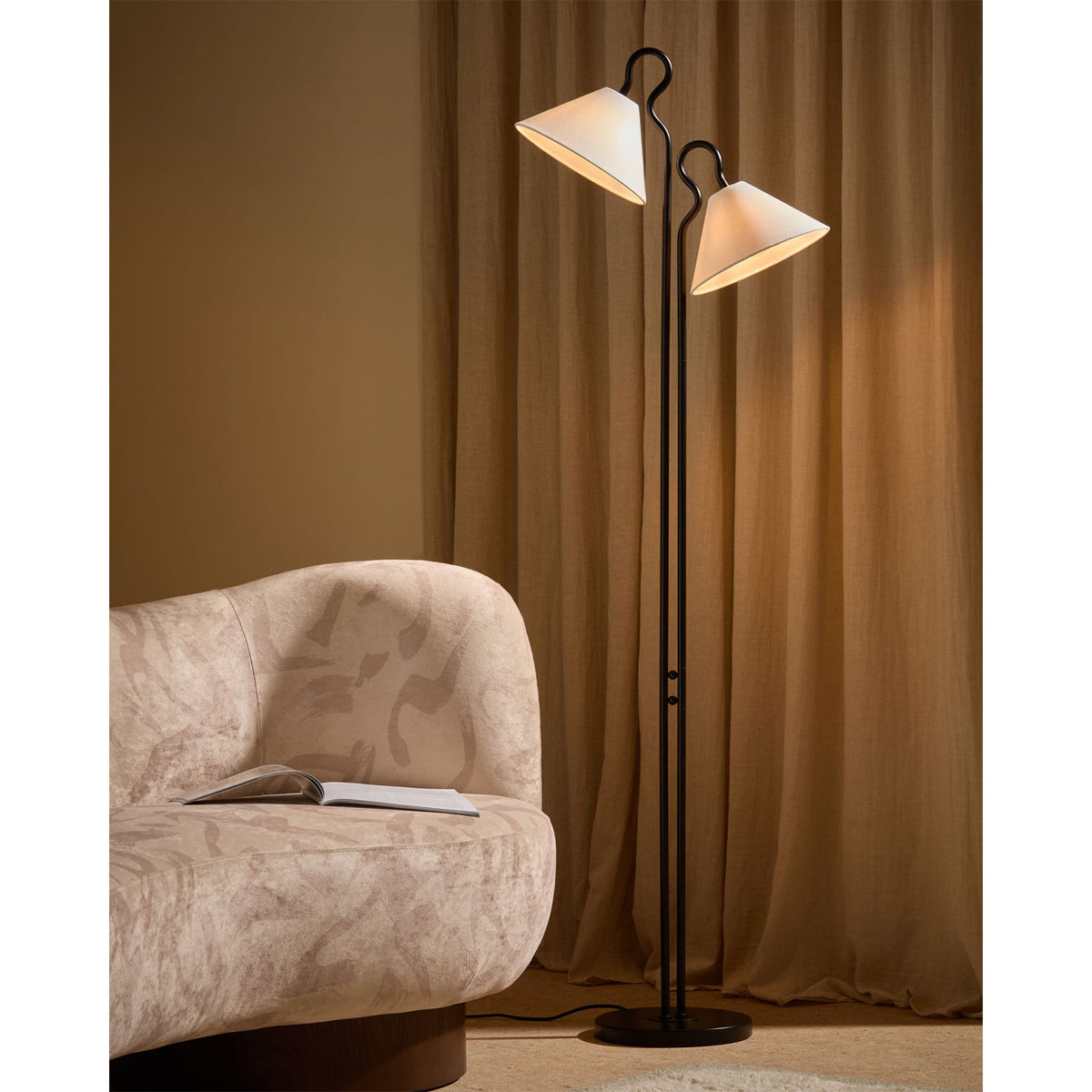 Close-up of the dual conical fabric shades on the Gerardo Floor Lamp.