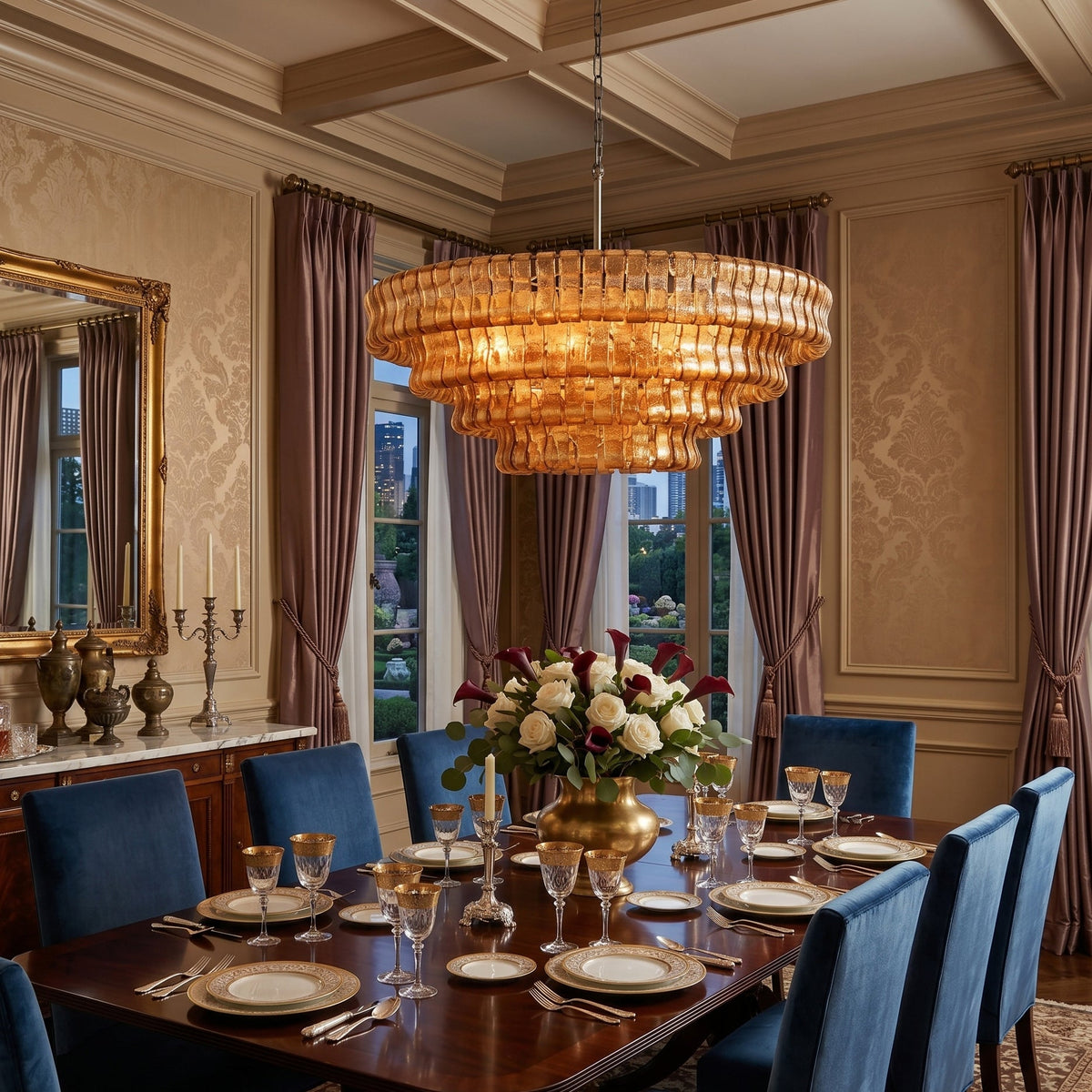 Lifestyle image of the Ghiaccio Chandelier illuminating a modern dining room.