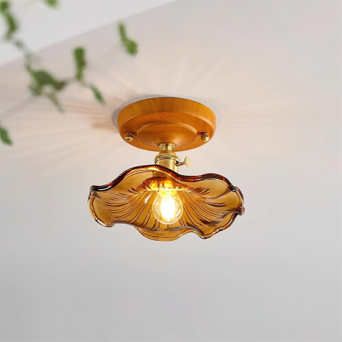 Ceiling Light Wood Canopy Brass & Glass Shade Vintage Floral Farmhouse-Neutral Decor