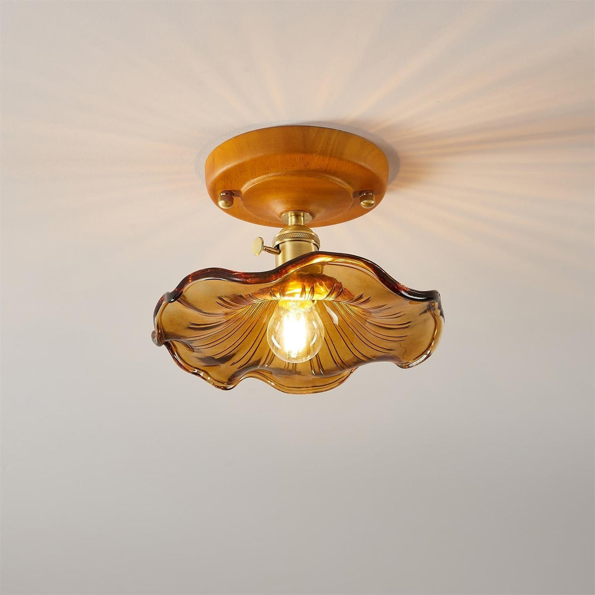 Ceiling Light Wood Canopy Brass & Glass Shade Vintage Floral Farmhouse-Neutral Decor