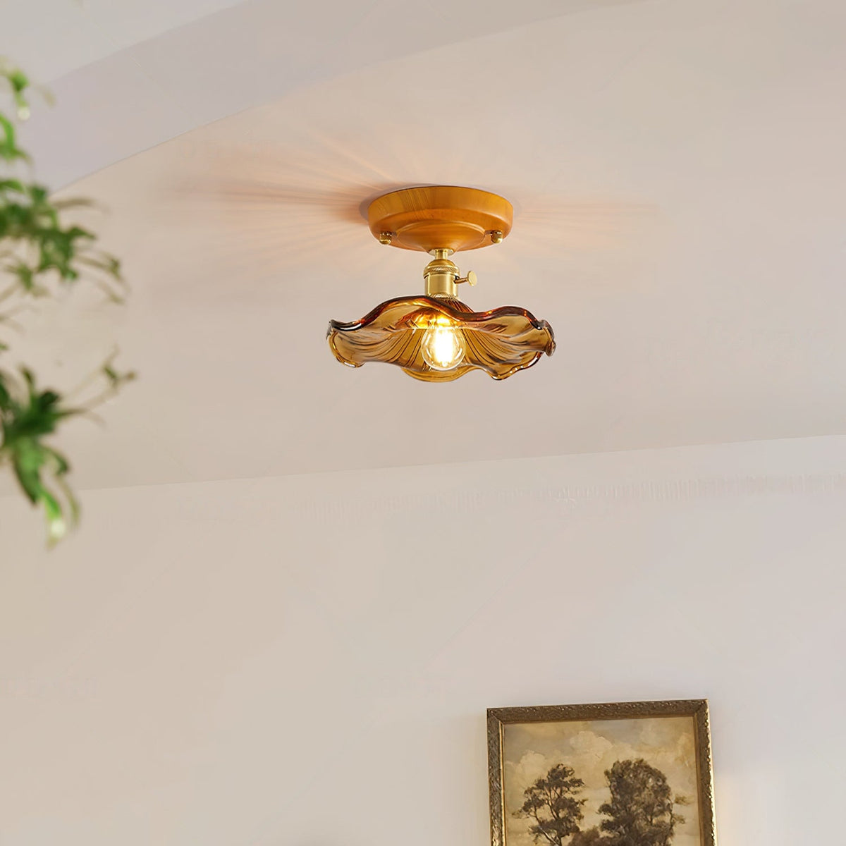 Ceiling Light Wood Canopy Brass & Glass Shade Vintage Floral Farmhouse-Neutral Decor