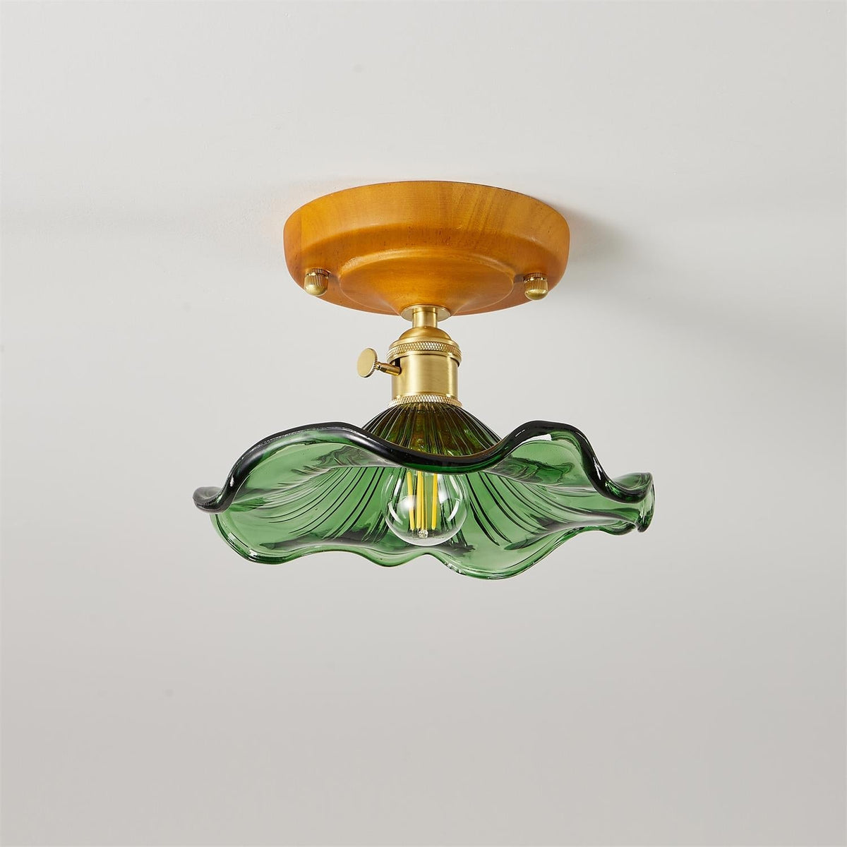Ceiling Light Wood Canopy Brass & Glass Shade Vintage Floral Farmhouse-Neutral Decor