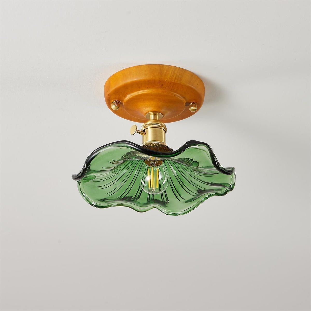 Ceiling Light Wood Canopy Brass & Glass Shade Vintage Floral Farmhouse-Neutral Decor