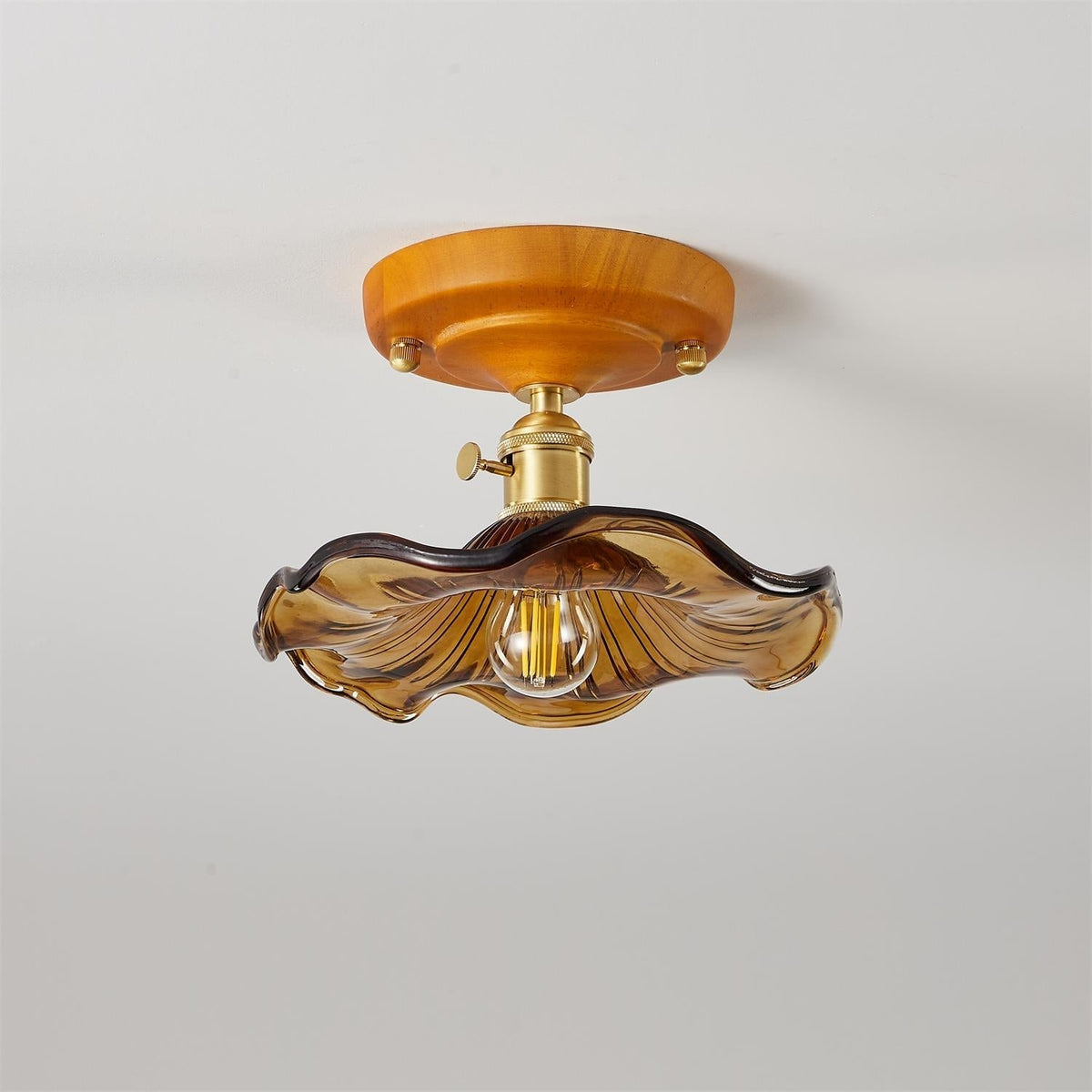 Ceiling Light Wood Canopy Brass & Glass Shade Vintage Floral Farmhouse-Neutral Decor
