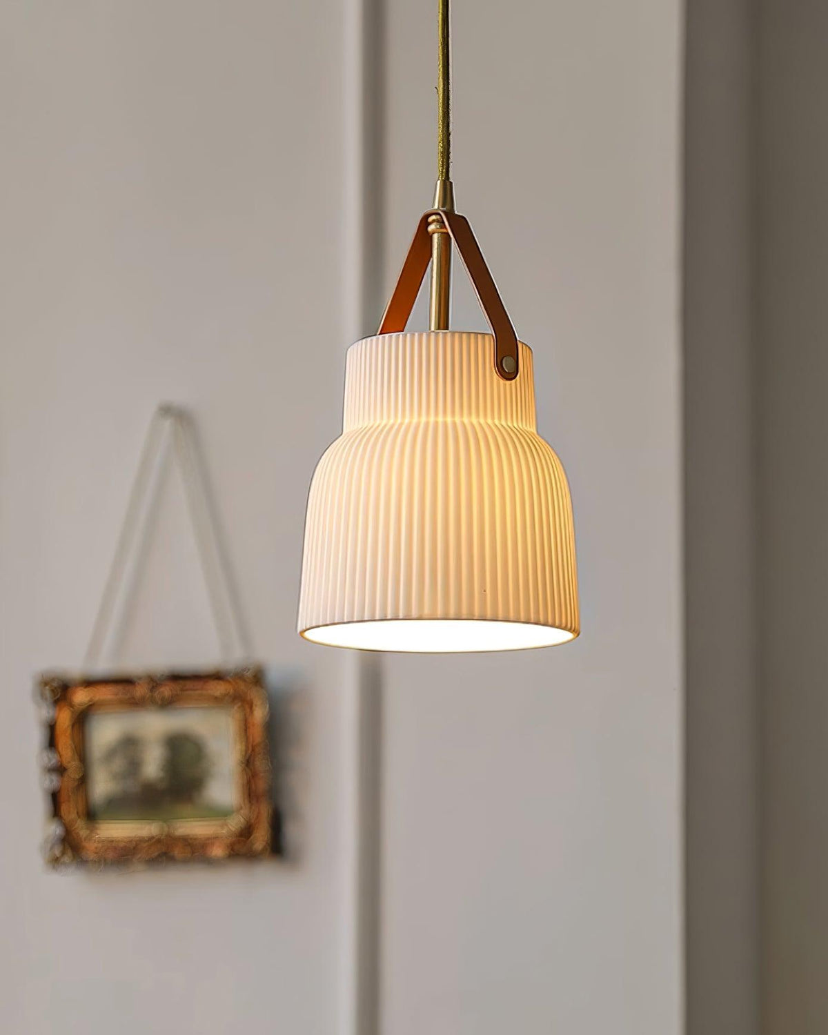 Pendant Lamp Ceramic Ribbed Shade Brass Leather Strap Modern-Neutral Decor