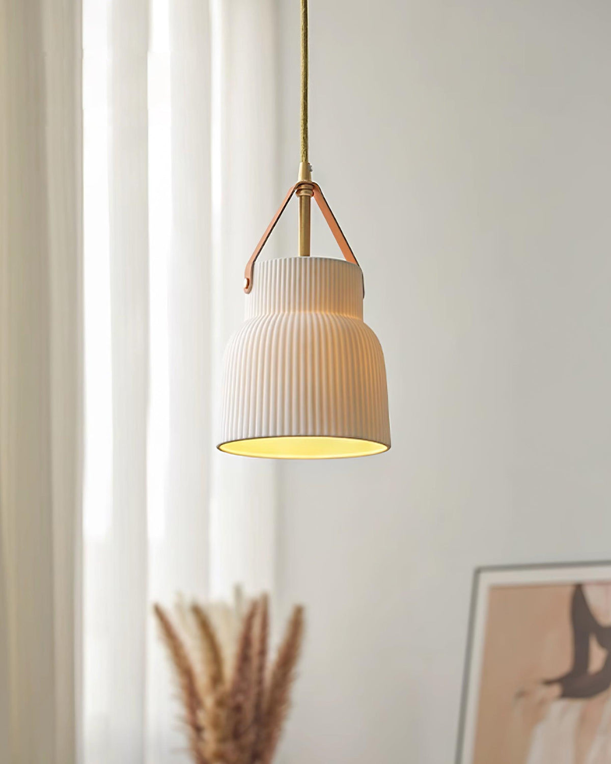 Pendant Lamp Ceramic Ribbed Shade Brass Leather Strap Modern-Neutral Decor