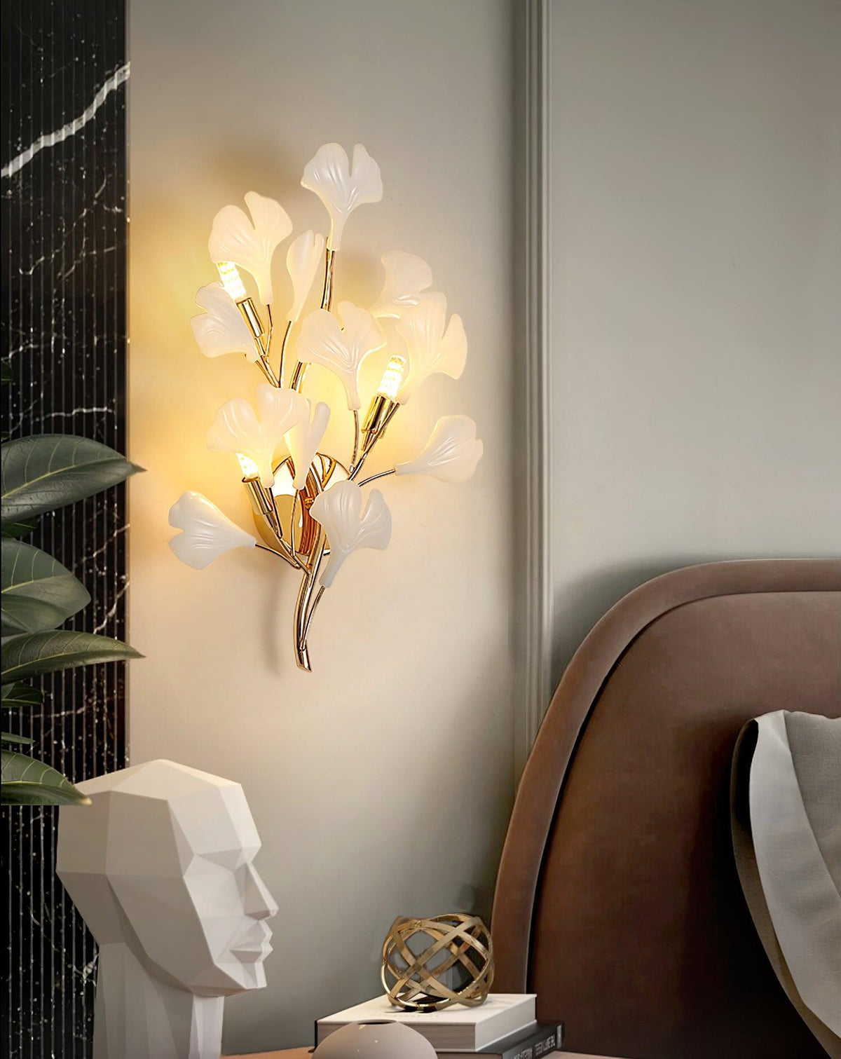 Wall Lamp Gingko Ceramic Petal Shades Gold Art Nouveau-Neutral Decor