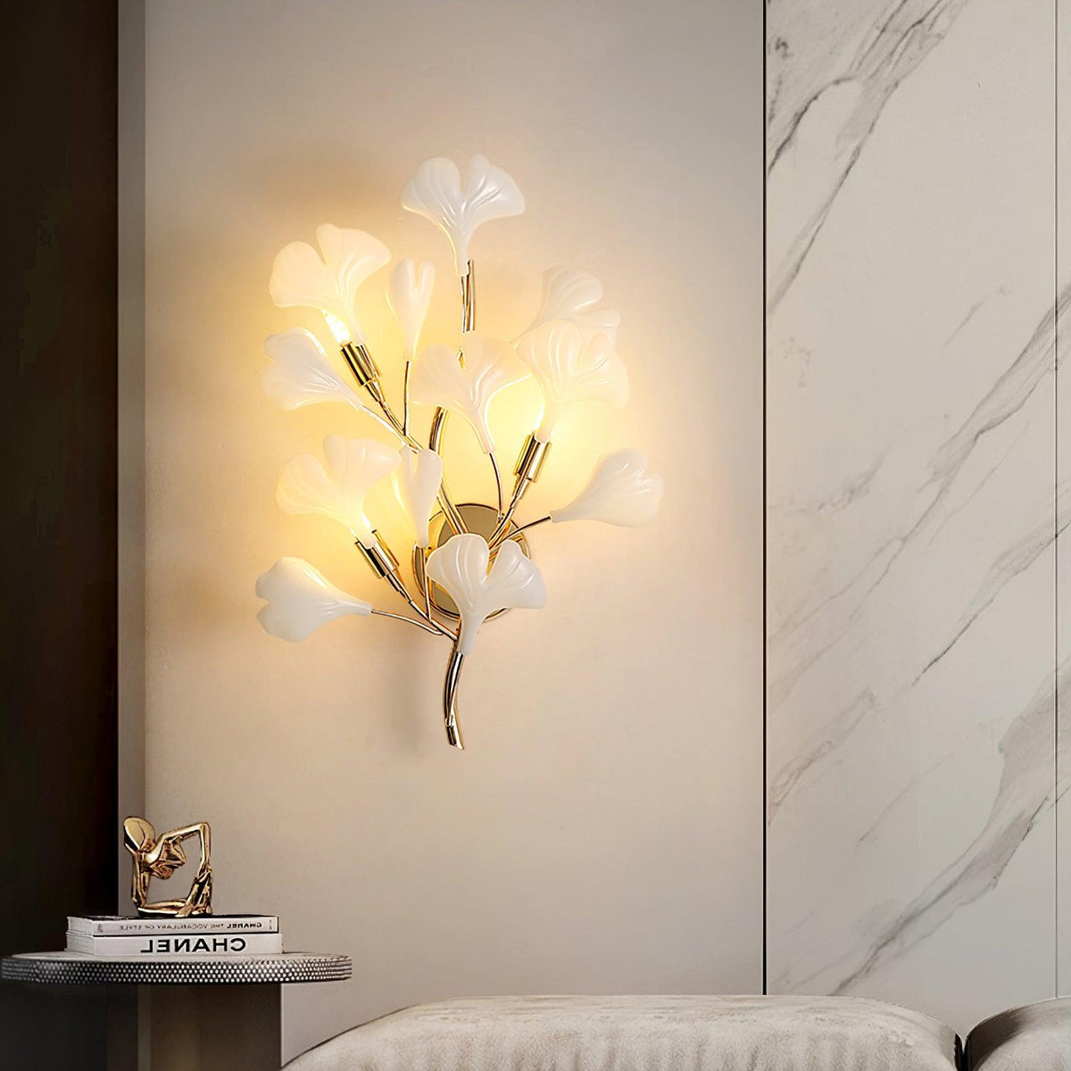 Wall Lamp Gingko Ceramic Petal Shades Gold Art Nouveau-Neutral Decor