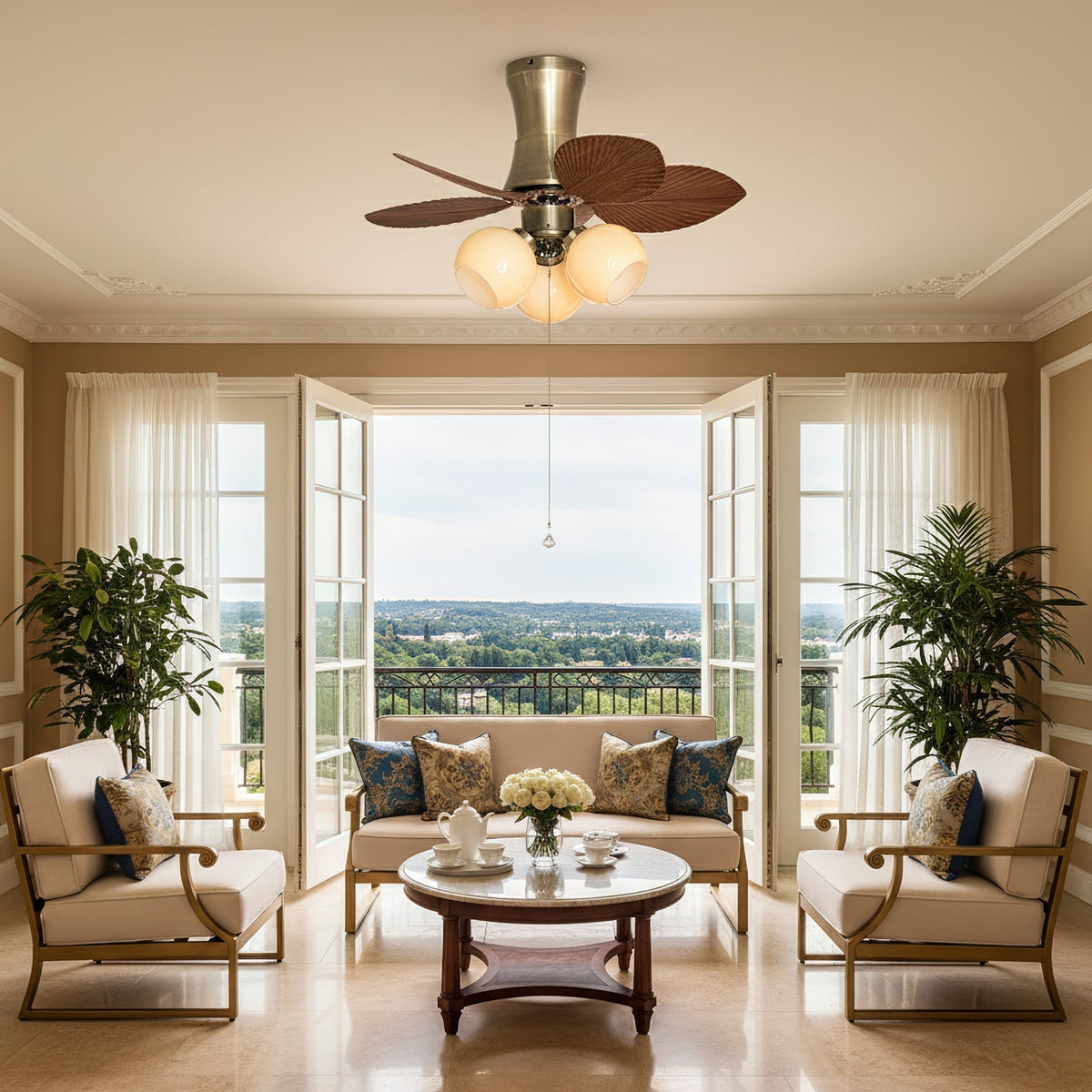 The Glauk Ceiling Fan Light installed in a cozy bedroom.