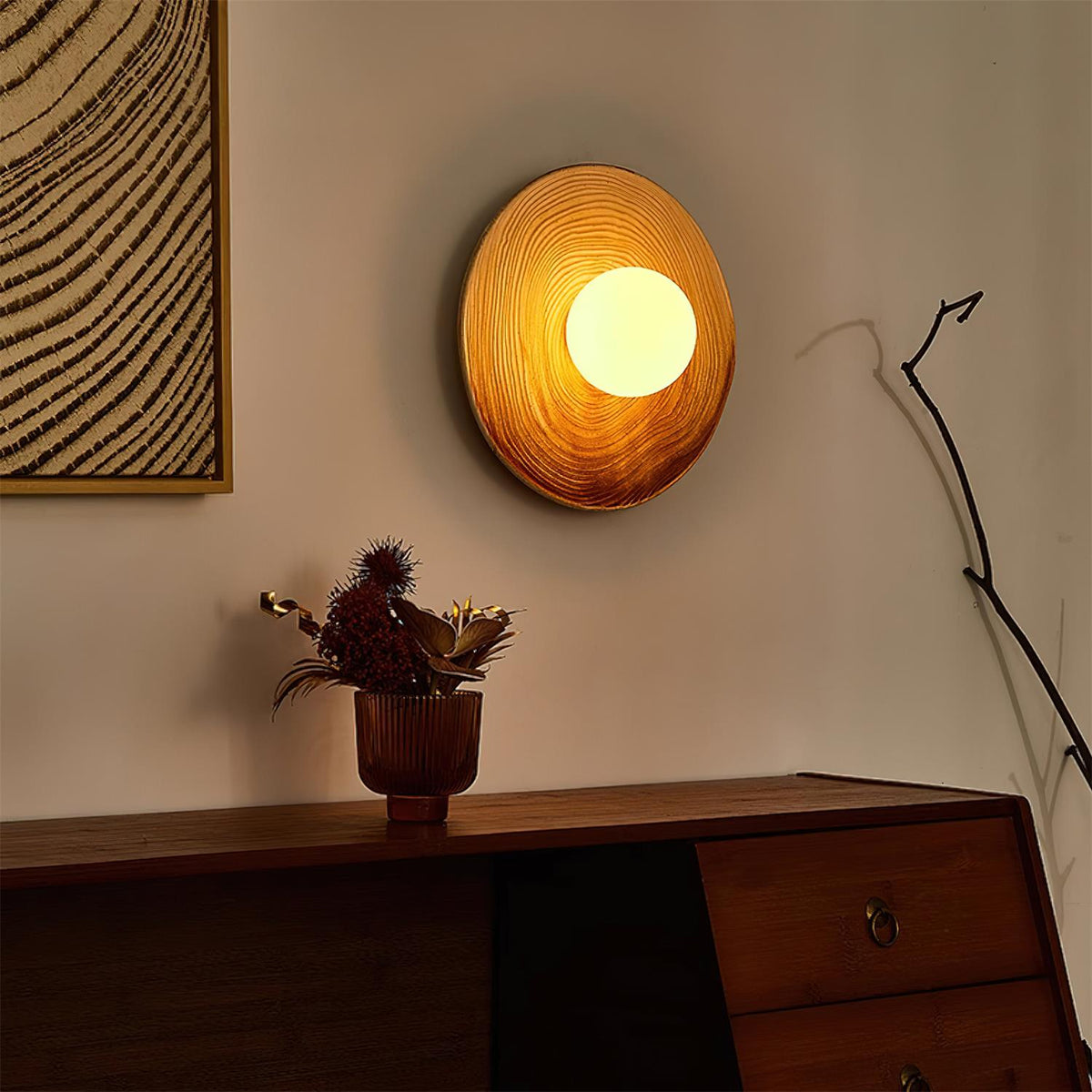 Wall Lamp Textured Ceramic Disc Wood Accent Modern Entryways-Neutral Decor