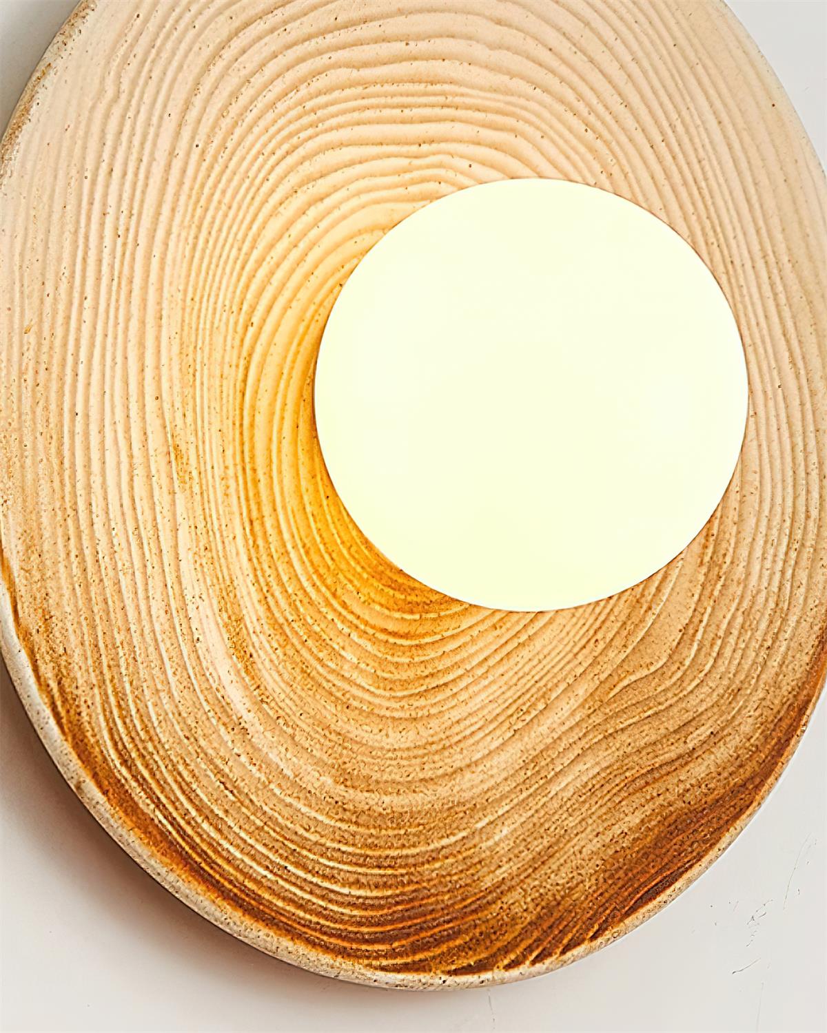 Wall Lamp Textured Ceramic Disc Wood Accent Modern Entryways-Neutral Decor