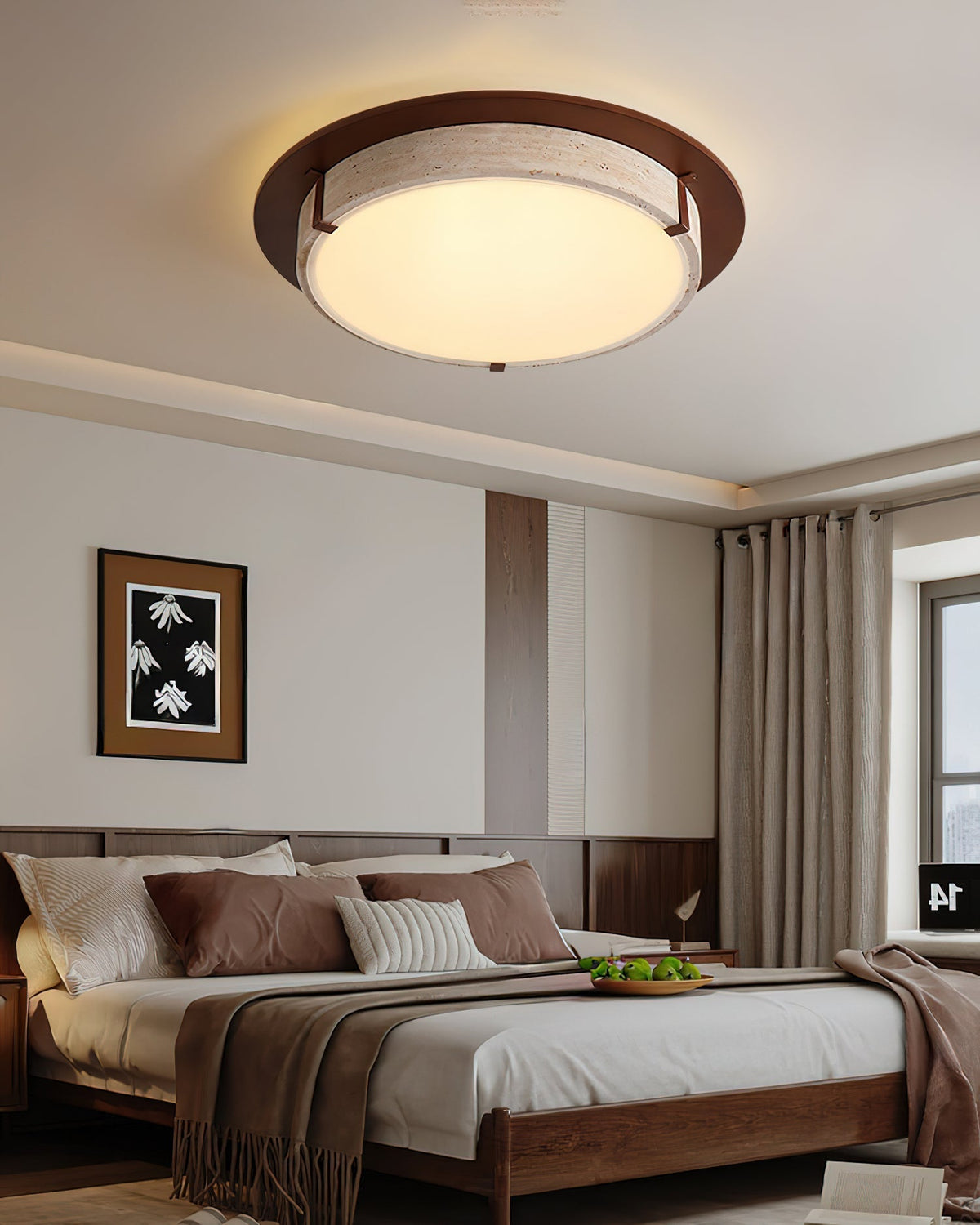 The Goeco Ceiling Light installed in a serene, minimalist bedroom.