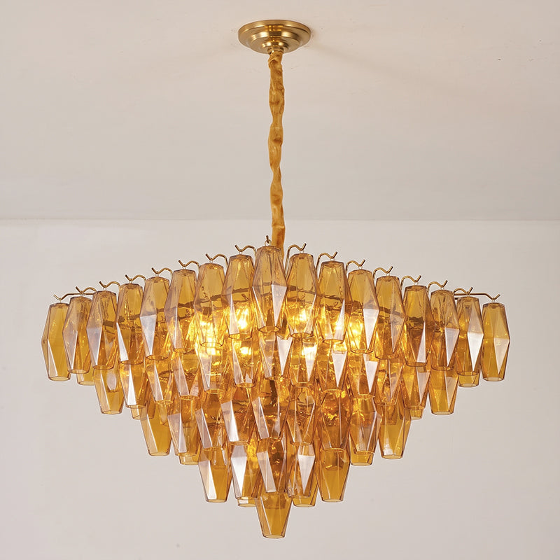 The chandelier illuminated, showing its warm glow.
