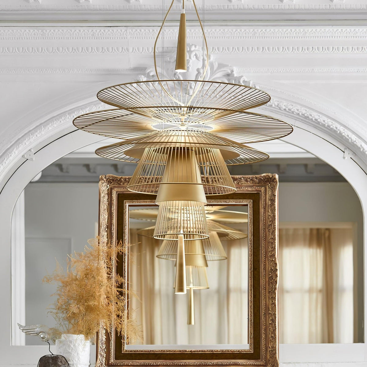 Chandelier Sculptural Layered Wire Frame Statement Bold Modern Centerpiece-Neutral Decor