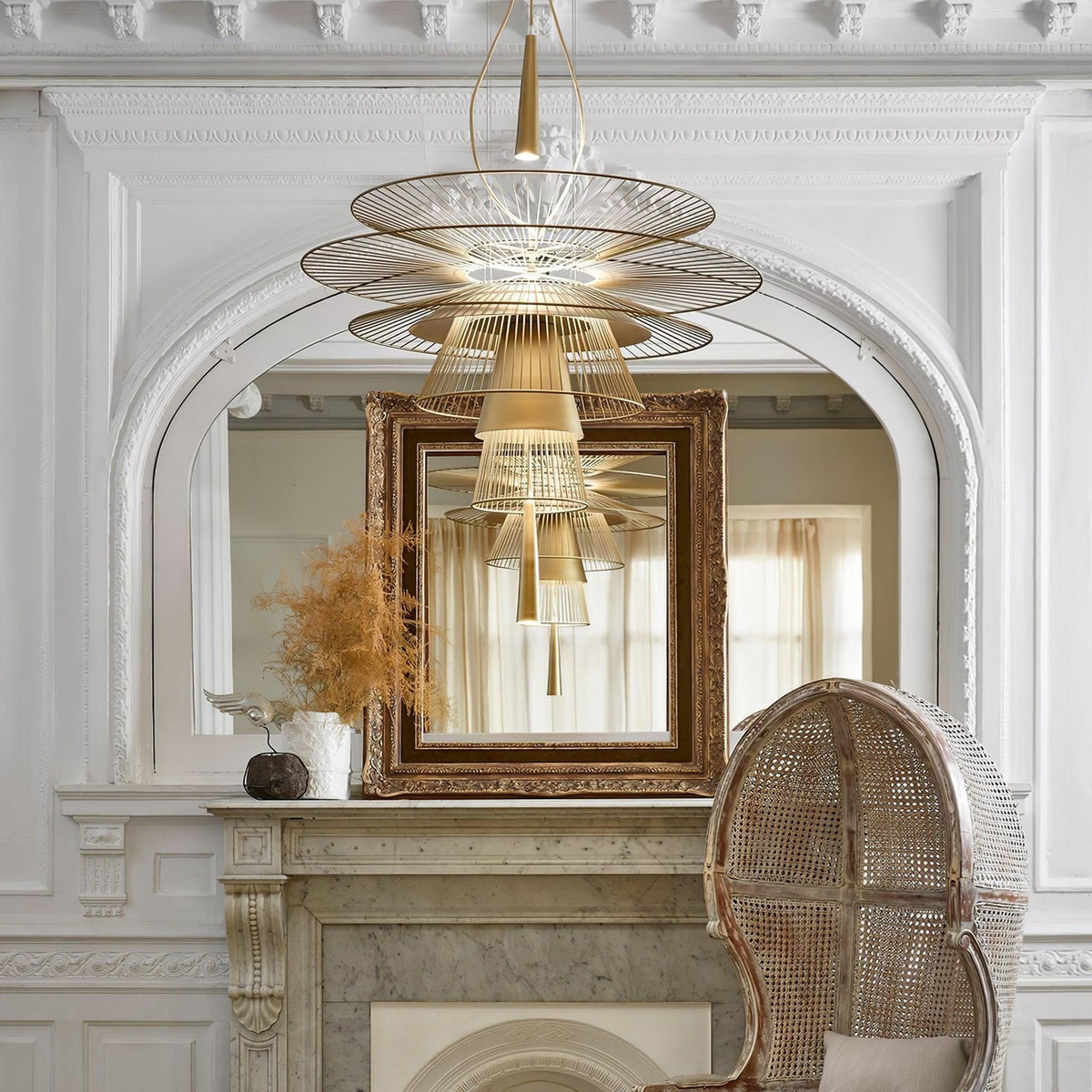 Chandelier Sculptural Layered Wire Frame Statement Bold Modern Centerpiece-Neutral Decor