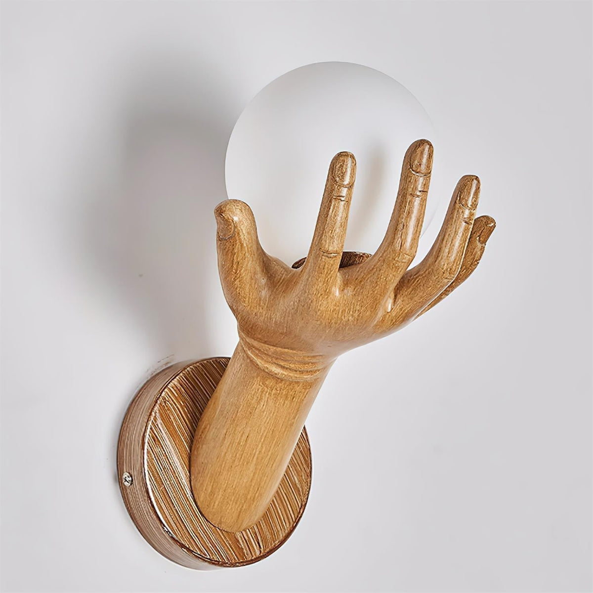Wall Lamp Polymer Body Hand Shape Globe Shade Wood Grain-Neutral Decor