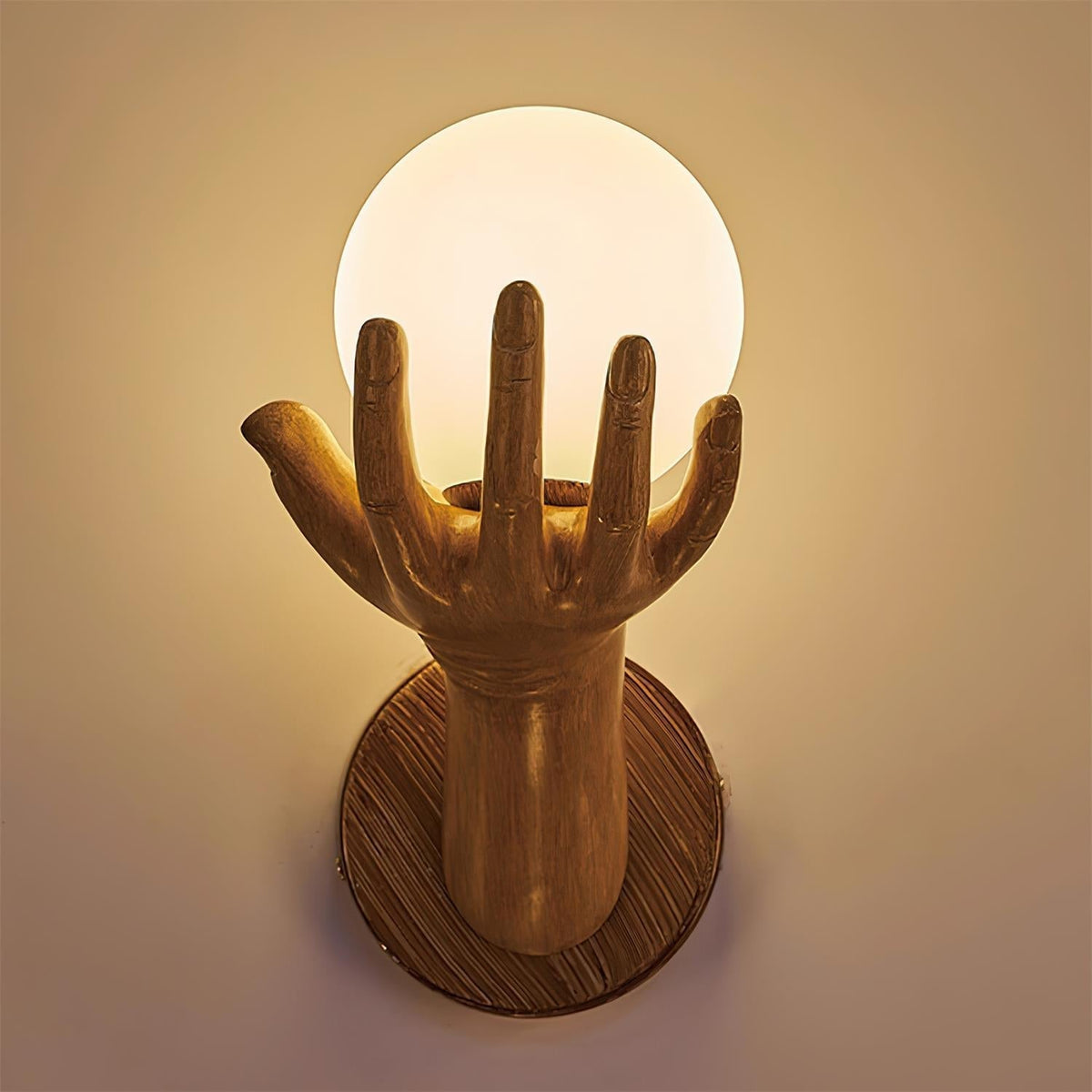 Wall Lamp Polymer Body Hand Shape Globe Shade Wood Grain-Neutral Decor