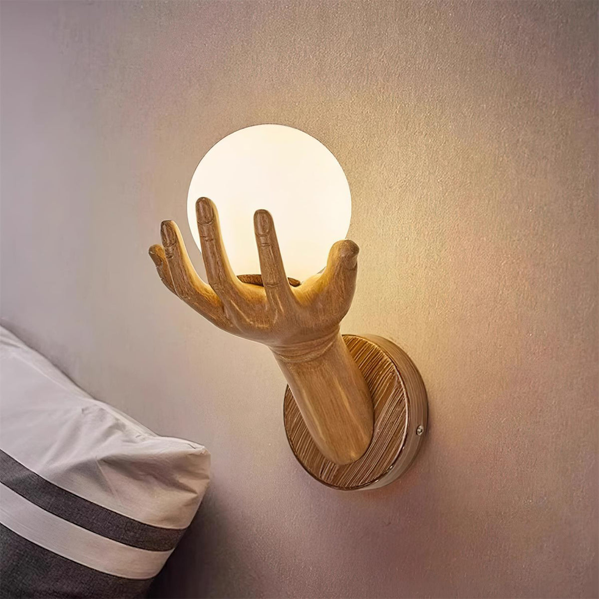 Wall Lamp Polymer Body Hand Shape Globe Shade Wood Grain-Neutral Decor