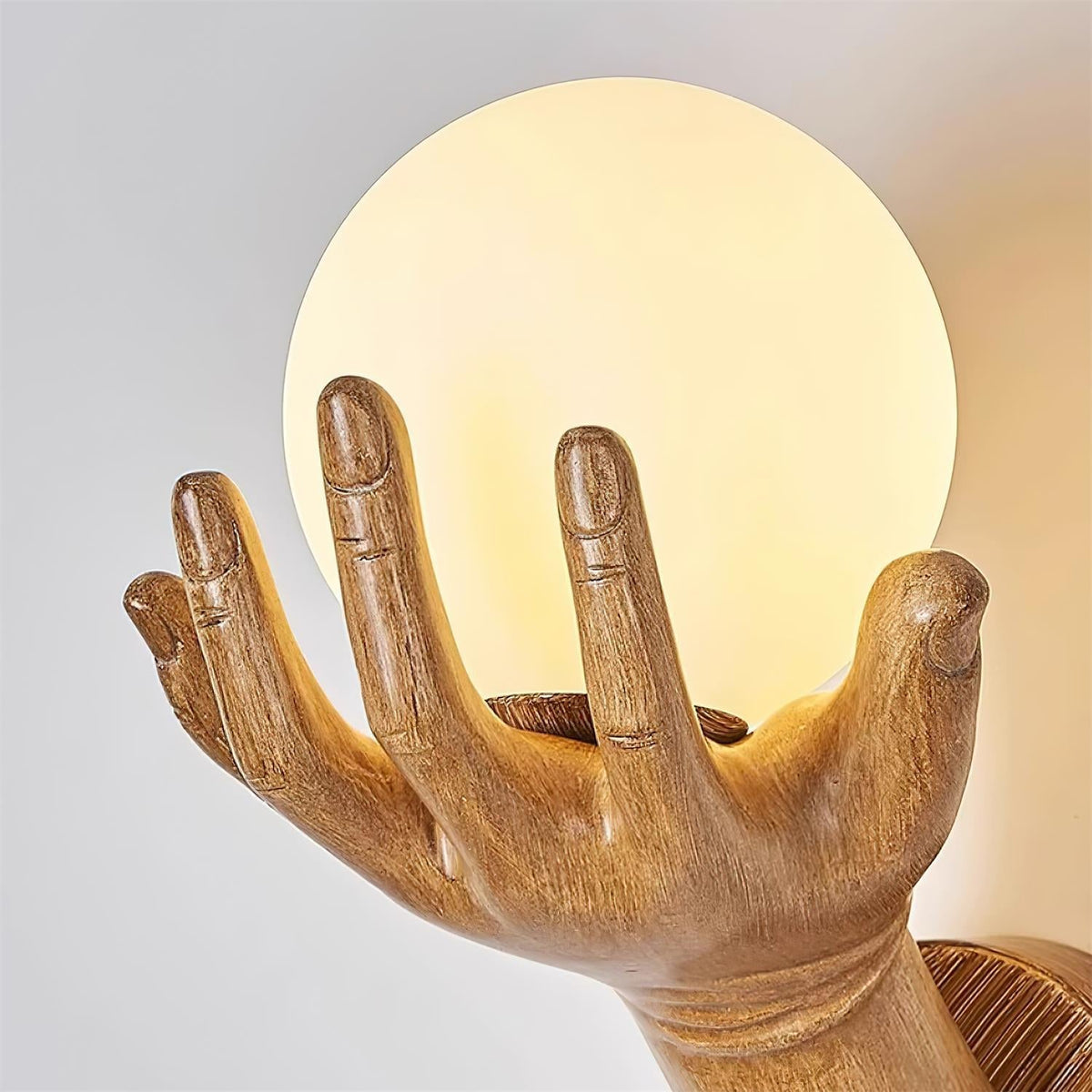 Wall Lamp Polymer Body Hand Shape Globe Shade Wood Grain-Neutral Decor