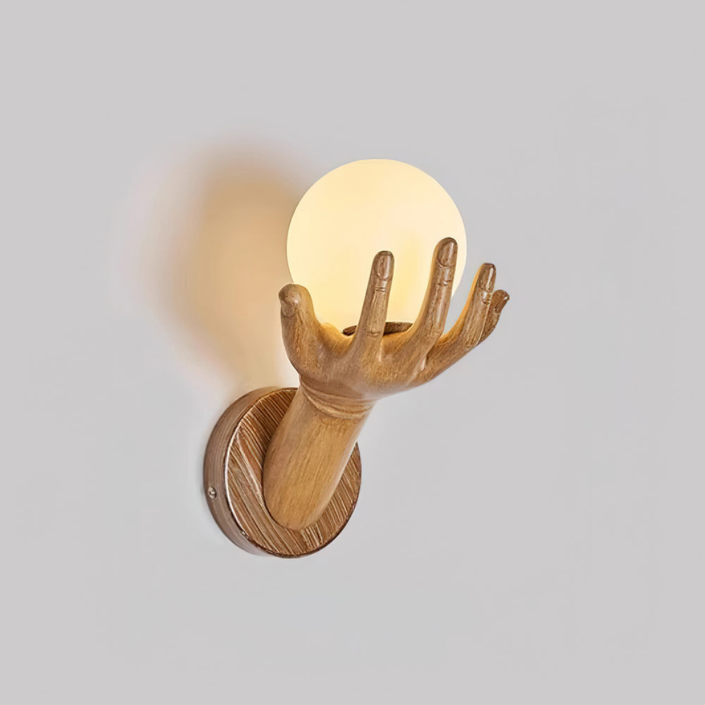 Wall Lamp Polymer Body Hand Shape Globe Shade Wood Grain-Neutral Decor