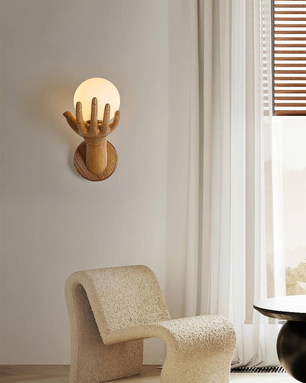 Wall Lamp Polymer Body Hand Shape Globe Shade Wood Grain-Neutral Decor