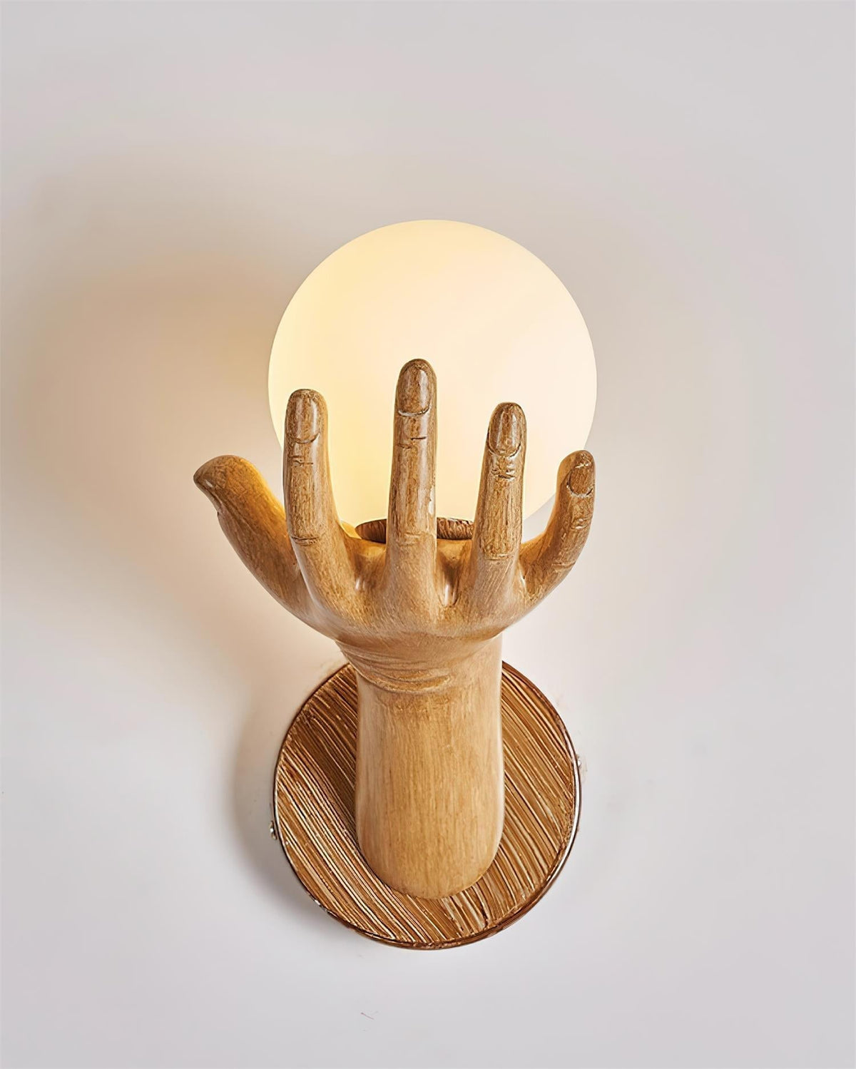 Wall Lamp Polymer Body Hand Shape Globe Shade Wood Grain-Neutral Decor