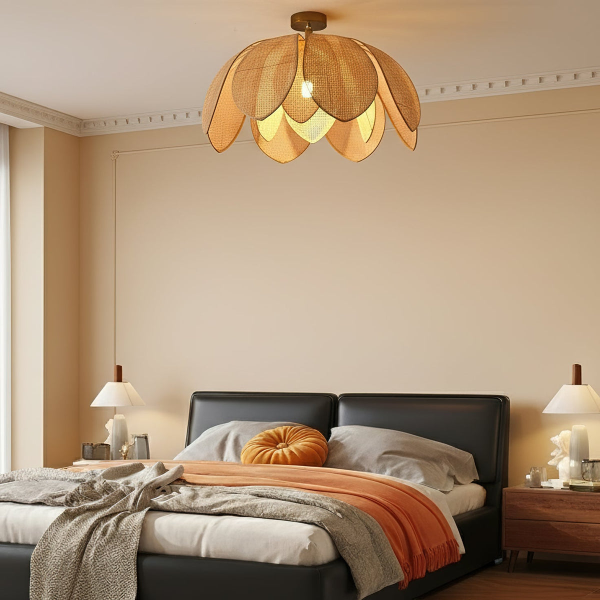 Close-up view of the woven raffia texture on the Hanove Ceiling Light.