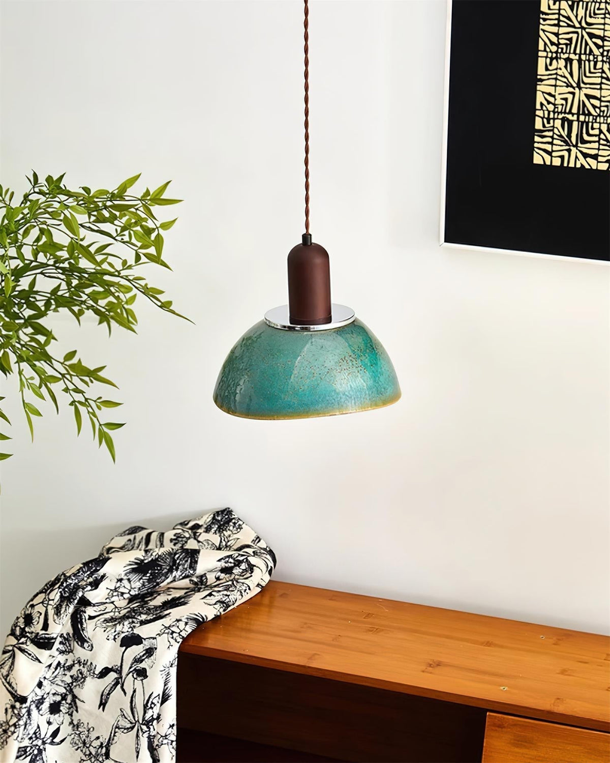 Pendant Lamp Ceramic Glazed Dome Walnut Wood Rustic Ambient Glow-Neutral Decor