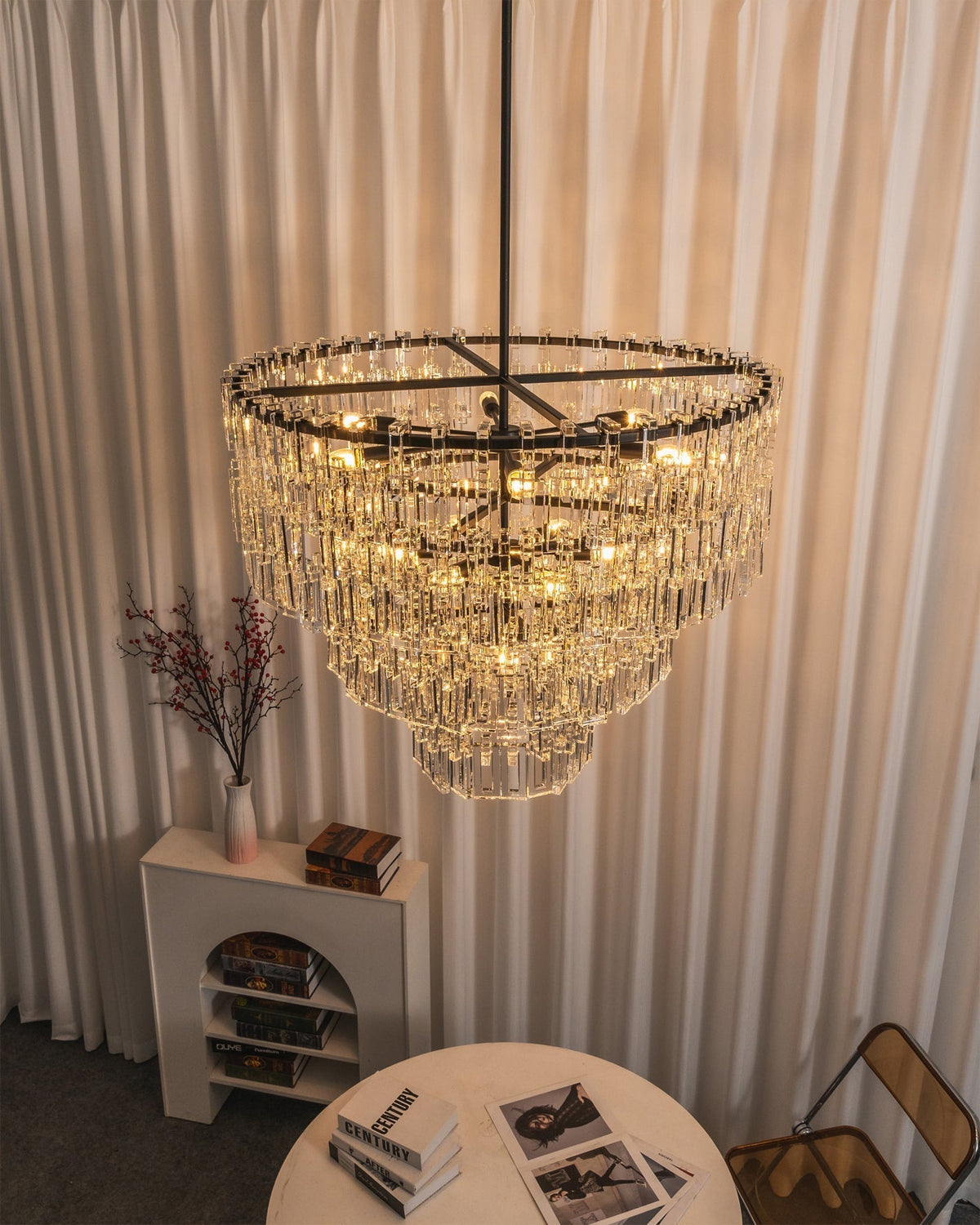 Product dimensions displayed on an image of the Harlow Chandelier.