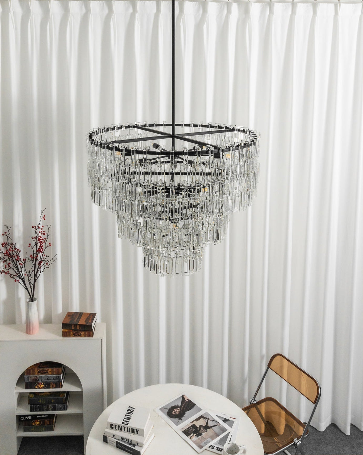 A low-angle shot looking up at the Harlow Geometric Crystal Chandelier.