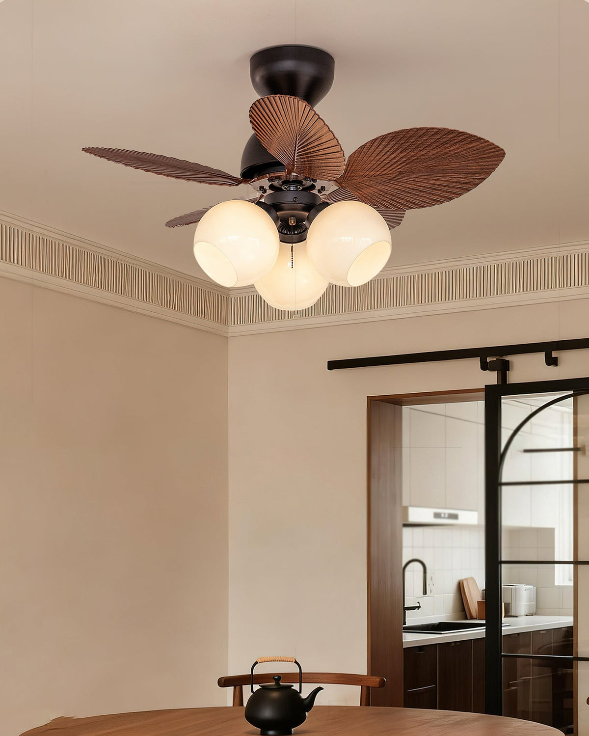 The Belize Ceiling Fan Light with three blades installed.