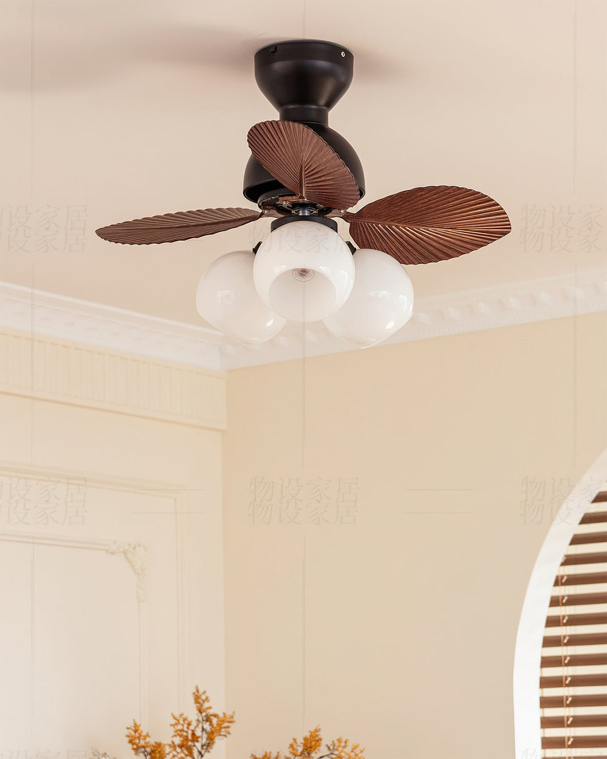 The Belize Ceiling Fan Light with five blades installed.