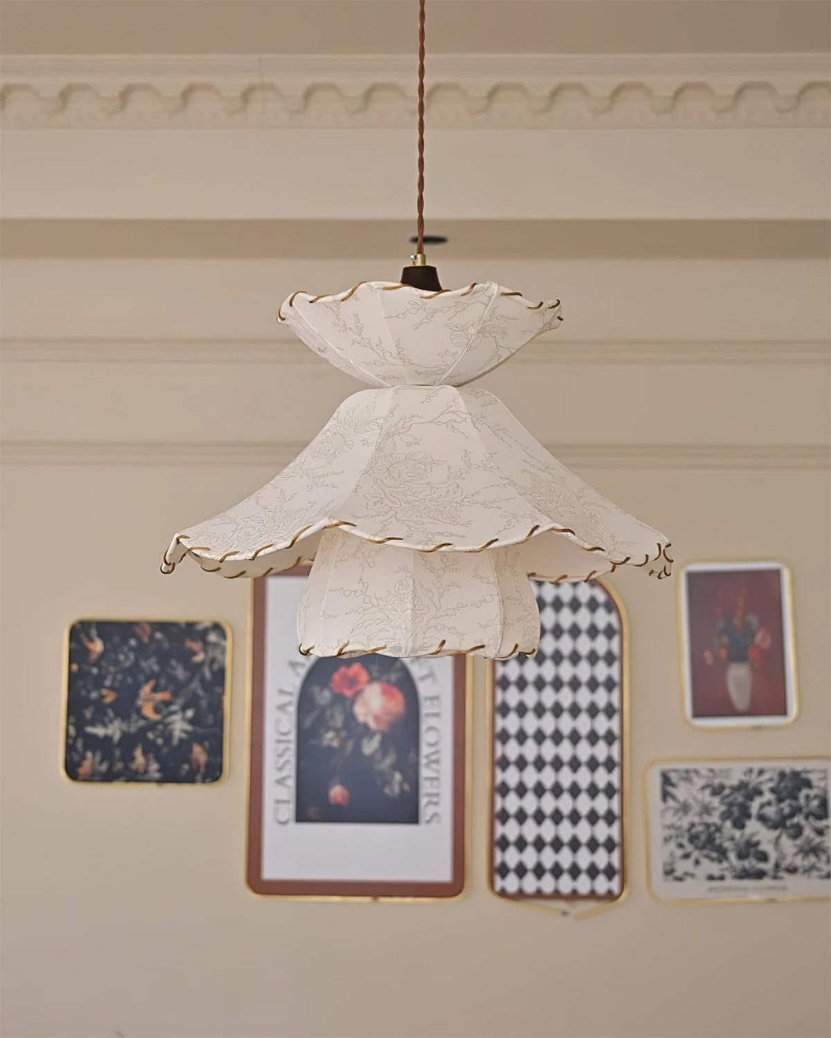 Pendant Lamp Scalloped Layered Fabric Shade Wood Minimalist-Neutral Decor
