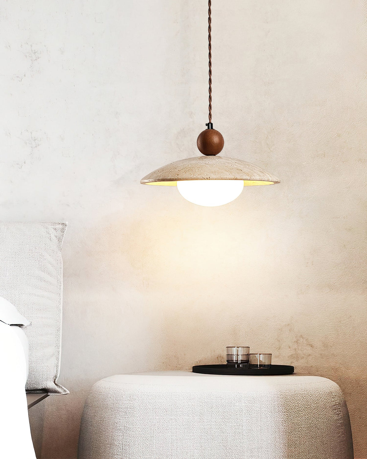 Travaro Travertine Pendant Light with Wooden Accent-Neutral Decor