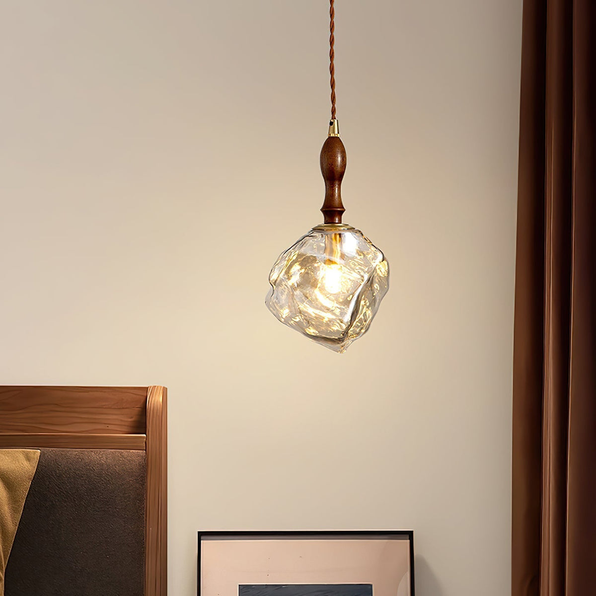 Pendant Light Walnut Wood Glass Cube-Neutral Decor