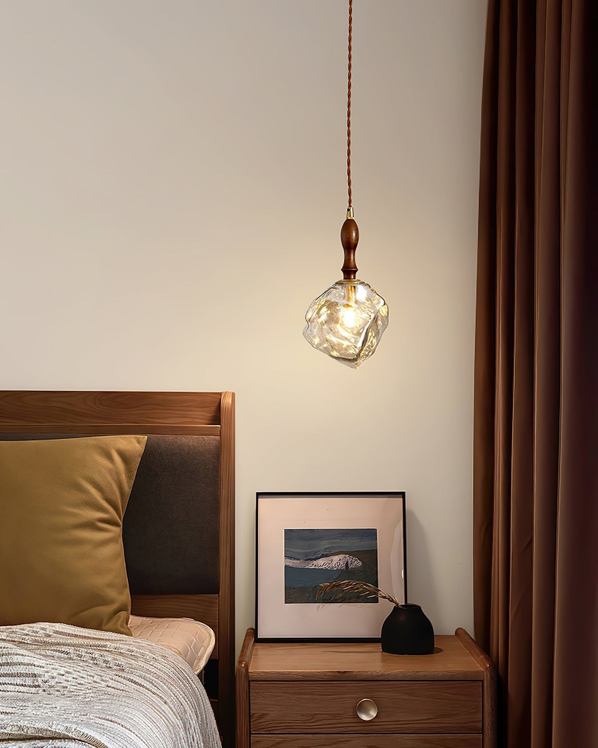 Pendant Light Walnut Wood Glass Cube-Neutral Decor