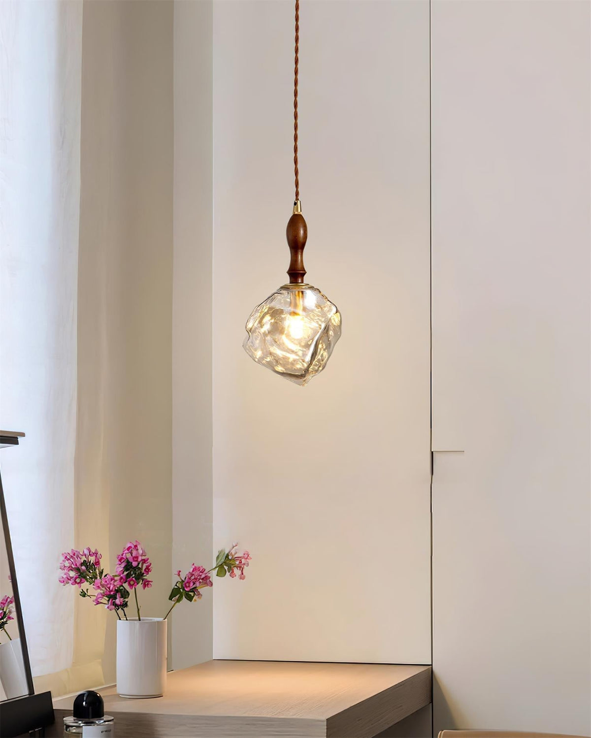 Pendant Light Walnut Wood Glass Cube-Neutral Decor
