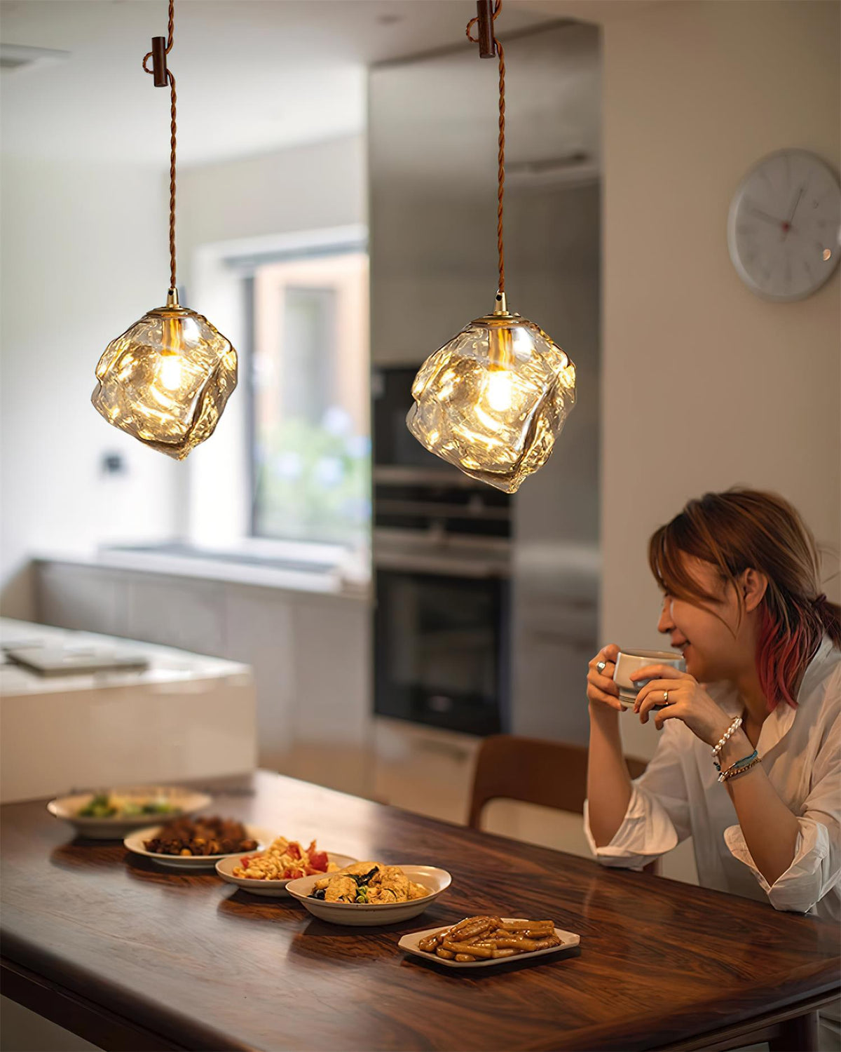 Pendant Light Walnut Wood Glass Cube-Neutral Decor