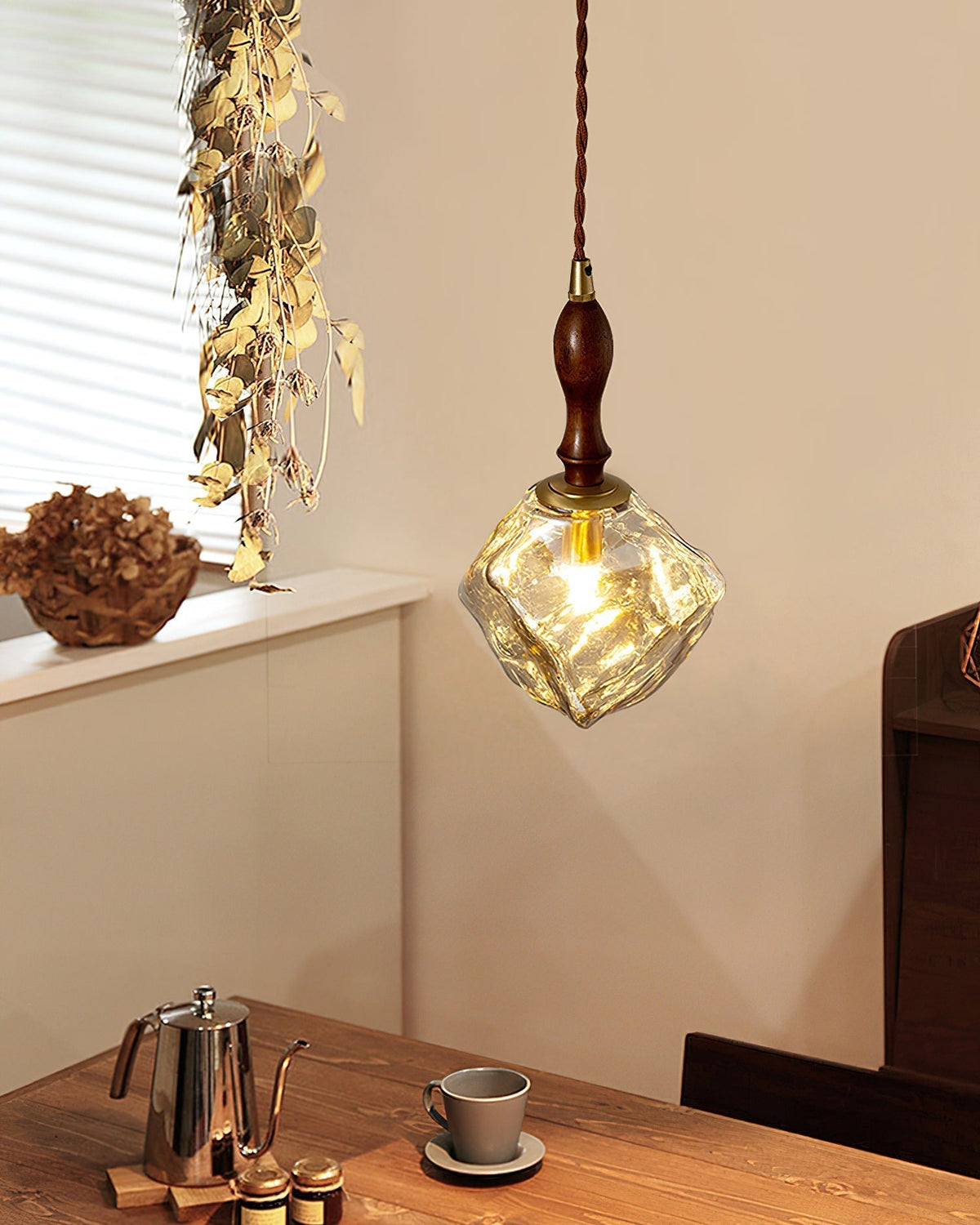 Pendant Light Walnut Wood Glass Cube-Neutral Decor