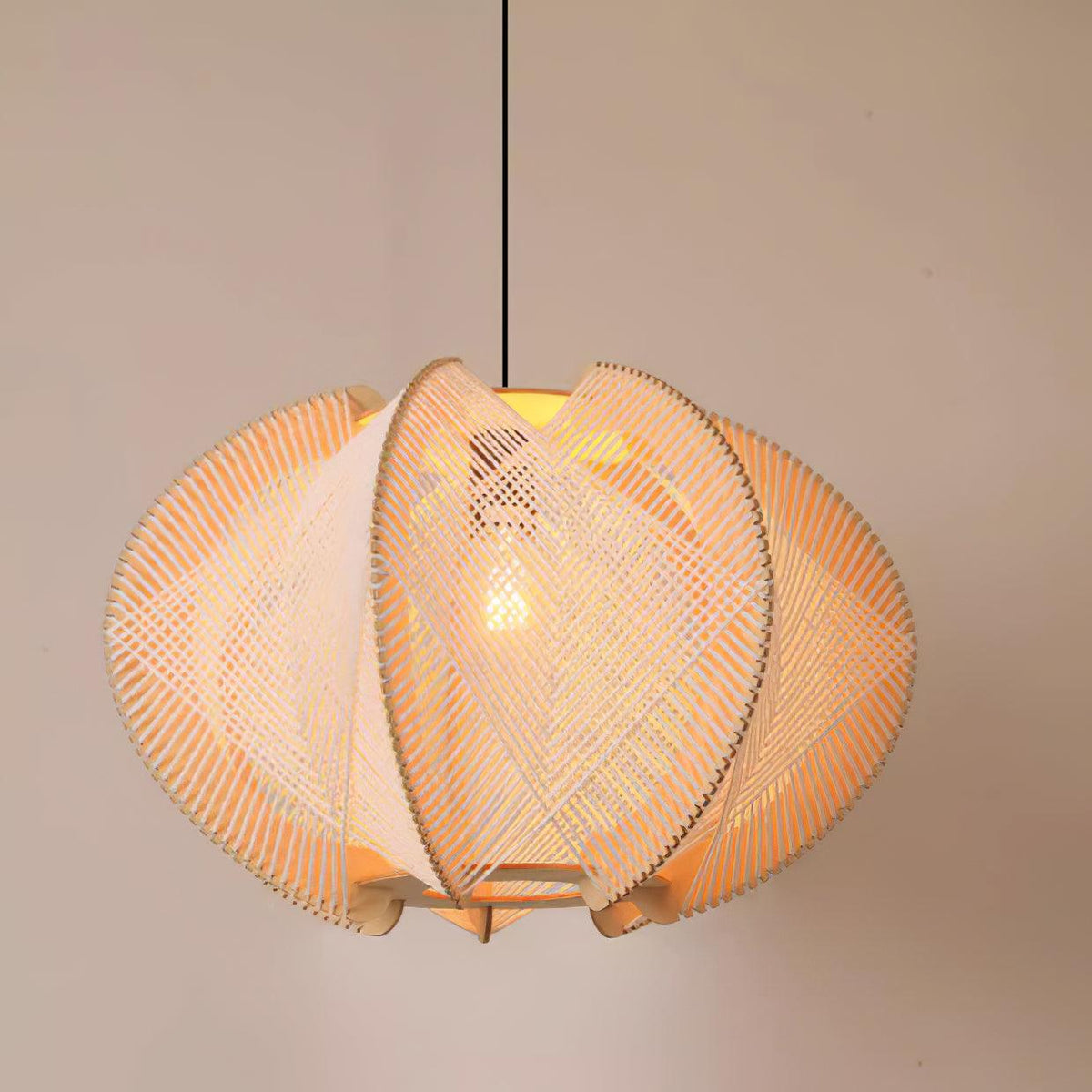 Vanto Pendant Light with Fabric Shade, Wooden Frame, and Wire Detail-Neutral Decor