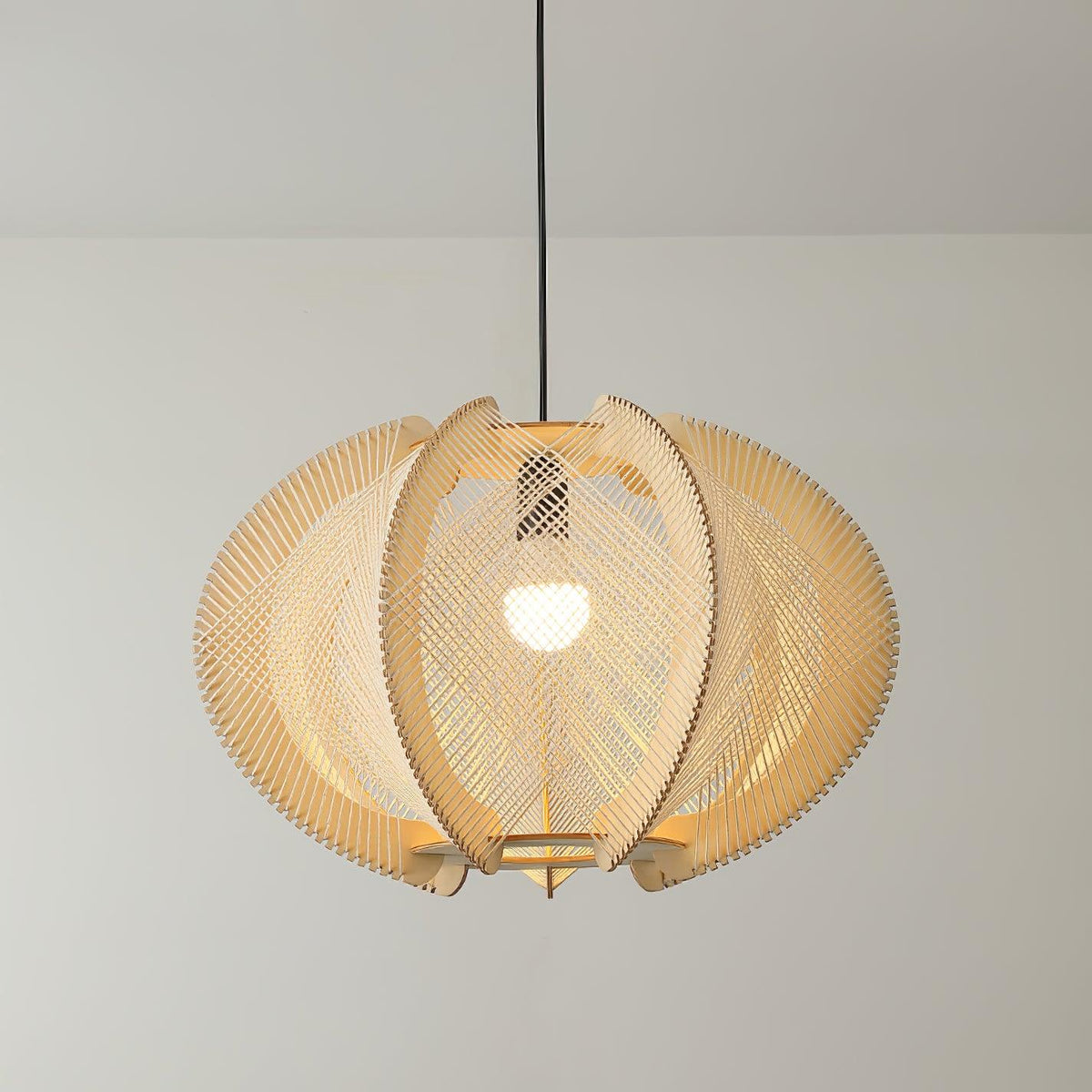 Vanto Pendant Light with Fabric Shade, Wooden Frame, and Wire Detail-Neutral Decor