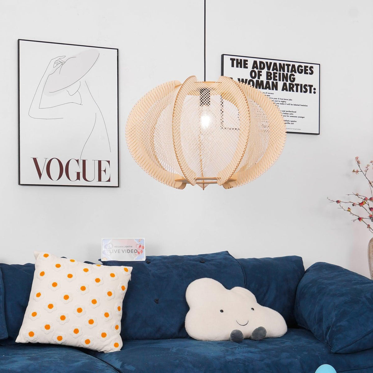 Vanto Pendant Light with Fabric Shade, Wooden Frame, and Wire Detail-Neutral Decor