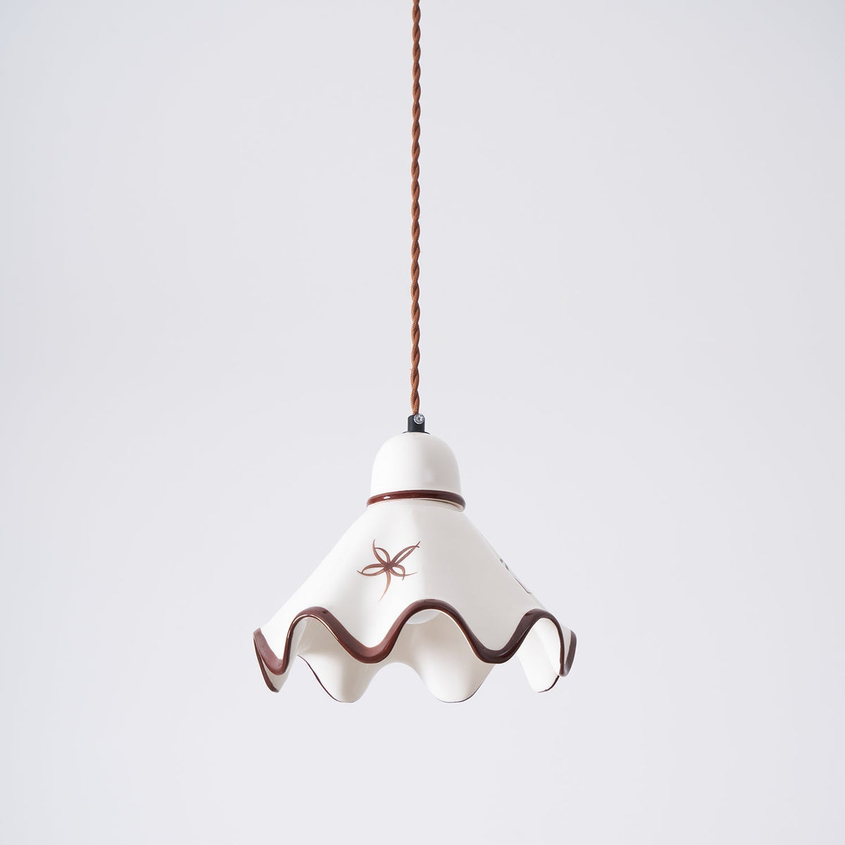 Pendant Lamp Ceramic Wavy Shade Rustic Brown Trim Retro Farmhouse-Neutral Decor